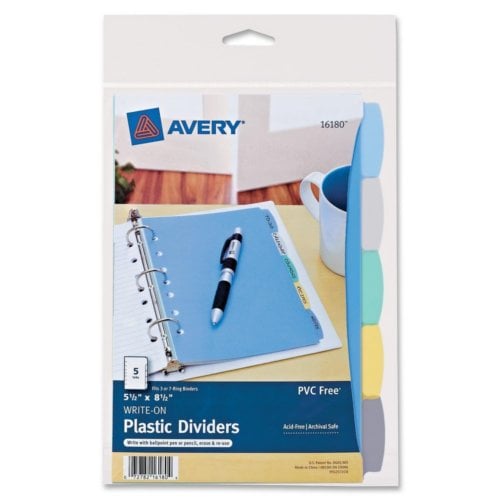 Avery Durable Plastic Write-On Multicolor 5-Tab 5.5" x 8.5" Dividers w/ Pockets 1 set - 16180 - Clearance Sale