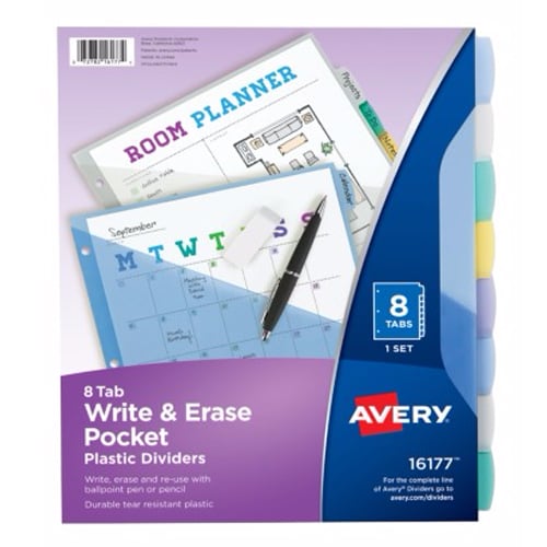 Avery Durable Plastic Write-On Multicolor 8-Tab 9-1/4" x 11-1/8" Dividers w/ Pockets 1 set - 16177