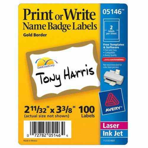 Avery Gold Border Name Badge Label 2-11/32" x 3-3/8" 100pk - 5146