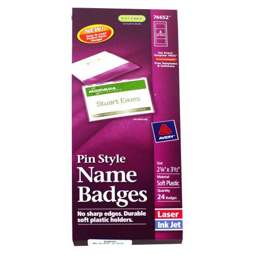 Avery Laser and Inkjet 2-1/4" x 3-1/2" Pin Name Badges 24pk - 74652