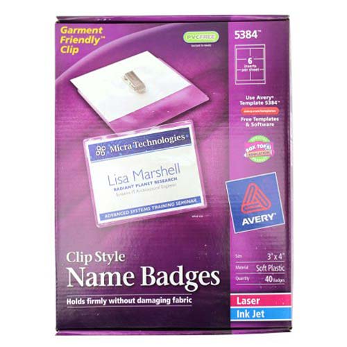 Avery Laser and Inkjet 3" x 4" Clip Name Badges 40pk  - 5384