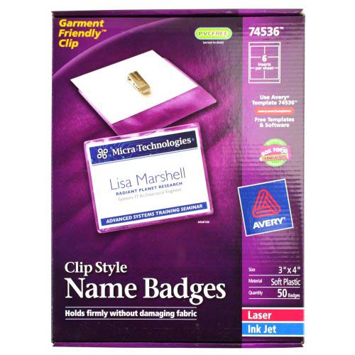 Avery Laser and Inkjet 3" x 4" Clip Name Badges 50pk - 74536