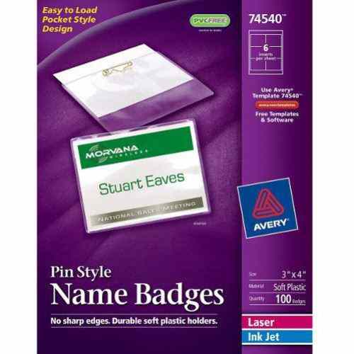 Avery Laser and Inkjet 3" x 4" Pin Name Badges 100pk - 74540