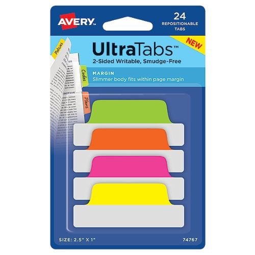 Avery Margin UltraTabs 2-1/2" x 1" Neon Colored Repositionable 2-Sided Writable Tabs 24pk - 74767