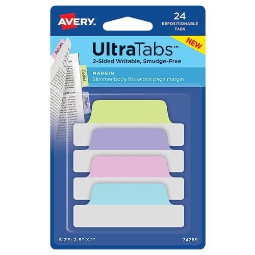 Avery Margin UltraTabs 2-1/2" x 1" Pastel Colored Repositionable 2-Sided Writable Tabs 24pk - 74769  - Clearance Sale