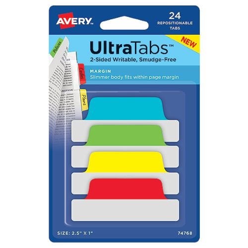 Avery Margin UltraTabs 2-1/2" x 1" Primary Colored Repositionable 2-Sided Writable Tabs 24pk - 74768