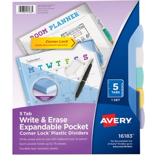 Avery Multicolor 5-Tab Durable Write-On Corner Lock Plastic Dividers with Expandable Pockets 1 set - 16183 - Clearance Sale