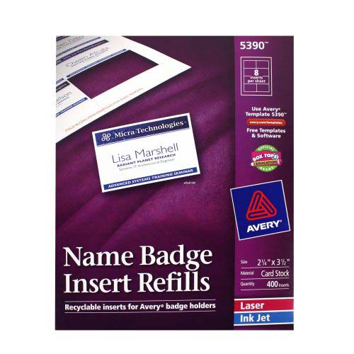 Avery Name Badge Insert Refills 2-1/4" x 3-1/2" 8up (50 sheets) - 5390