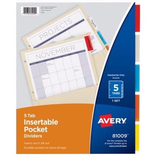 Avery Pockets 'n Tabs Multicolor 5-Tab 9-1/4" x 11-1/8" Insertable Dividers 1 set - 81009