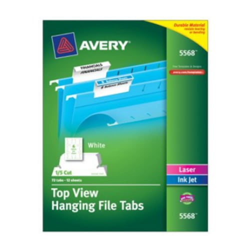 Avery Printable White Top View 1/5 Cut Hanging File Tabs - 72pk