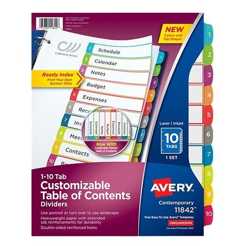 Avery Ready Index Customizable Table of Contents Multicolor 1-10 Tab Preprinted Dividers 1 set - 11842