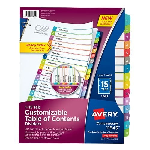 Avery Ready Index Customizable Table of Contents Multicolor 1-15 Tab Preprinted Dividers 1 set - 11845 - Clearance Sale