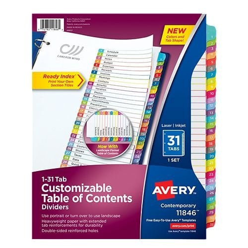 Avery Ready Index Customizable Table of Contents Multicolor 1-31 Tab Preprinted Dividers 1 set - 11846 - Clearance Sale