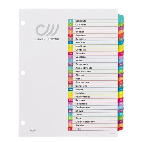 Avery Ready Index Customizable Table of Contents Multicolor 1-31 Tab Preprinted Dividers 1 set - 11846 - Clearance Sale
