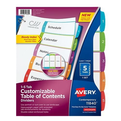 Avery Ready Index Customizable Table of Contents Multicolor 1-5 Tab Preprinted Dividers 1 set - 11840 - Clearance Sale