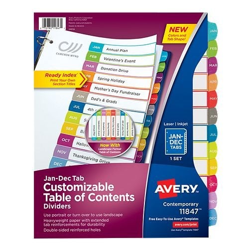 Avery Ready Index Customizable Table of Contents Multicolor Jan-Dec Tab Preprinted Dividers 1 set - 11847 - Clearance Sale
