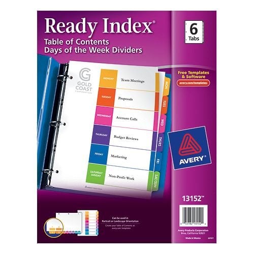 Avery Ready Index Customizable Table of Contents Multicolor Mon-Sat/Sun Tab Preprinted Dividers 1 set - 13152