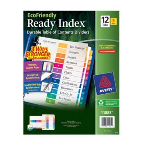 Avery Ready Index EcoFriendly TOC Dividers 1-12 Multicolor Tabs 3 sets - 11083