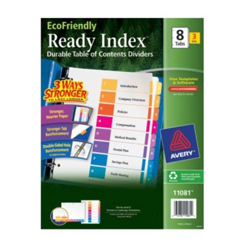 Avery Ready Index EcoFriendly TOC Dividers 1-8 Multicolor Tabs 3 sets - 11081