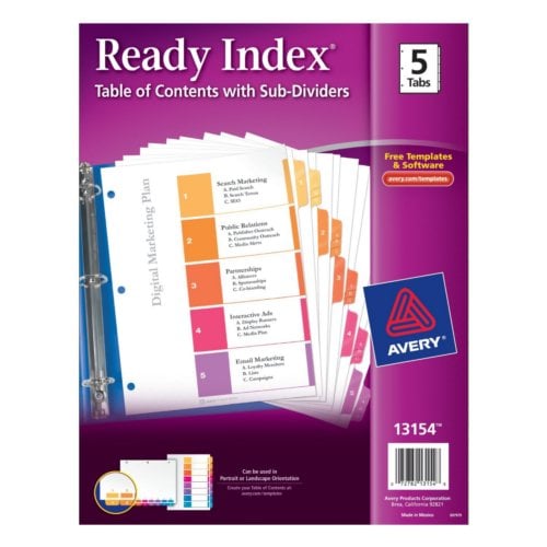 Avery Ready Index Multicolor 1-5 Tab TOC Dividers with Sub-Dividers 1 set - 13154