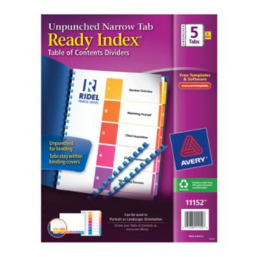 Avery Ready Index Multicolor Narrow Prepinted 1-5 Tab Unpunched TOC Dividers 5pk - 11152