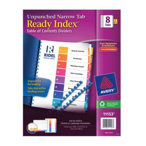 Avery Ready Index Multicolor Narrow Prepinted 1-8 Tab Unpunched TOC Dividers - 5 Sets