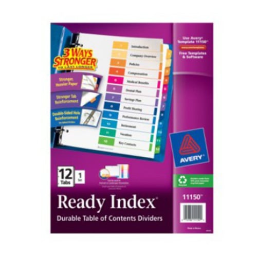 Avery Ready Index Multicolor Preprinted 1-12 Tab Table of Contents Divider