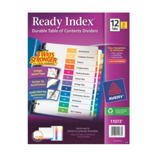 Avery Ready Index Multicolor Preprinted 1-12 Tab Table of Contents Dividers 3 sets - 11073