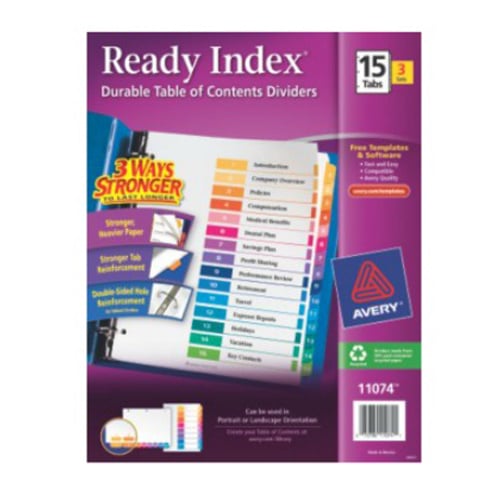Avery Ready Index Multicolor Preprinted 1-15 Tab Table of Contents Dividers 3 sets - 11074
