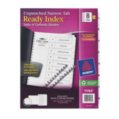 Avery Ready Index White Narrow Prepinted 1-8 Tab Unpunched TOC Dividers 5 sets - 11164