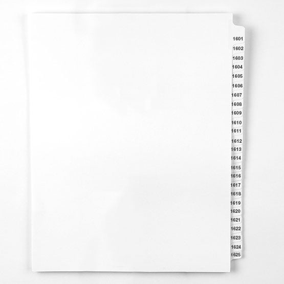 1601-1625 - Avery Style Collated Numbers Letter Size Side Tab Legal Indexes - 1 Set