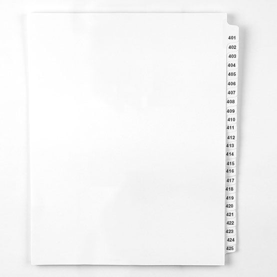 401-425 - Avery Style Collated Numbers Letter Size Side Tab Legal Indexes - 1 Set
