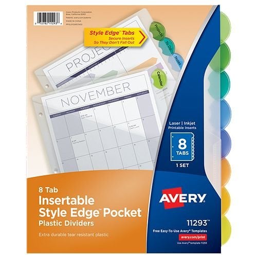 Avery Style Edge 8-Tab Translucent Plastic Insertable Dividers with Pocket 1 set - 11293