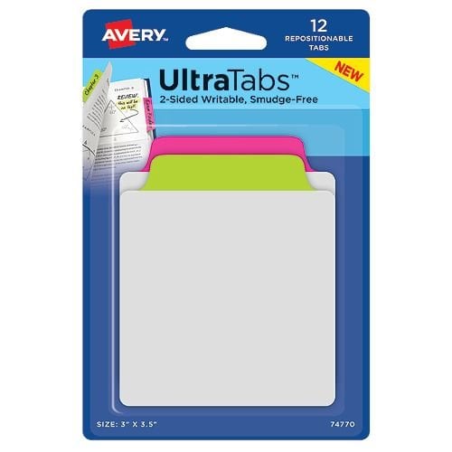 Avery Tab & Note UltraTabs 3" x 3-1/2" Neon Colored Repositionable 2-Sided Writable Tabs - Pack of 12