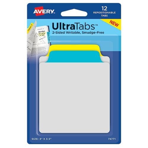 Avery Tab & Note UltraTabs 3" x 3-1/2" Primary Colored Repositionable 2-Sided Writable Tabs - Pack of 12
