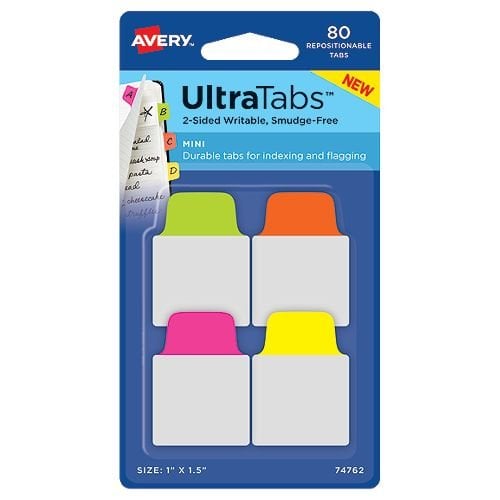 Avery UltraTabs 1" x 1-1/2" Neon Colored Repositionable 2-Sided Writable Mini Tabs 80pk - 74762  - Clearance Sale