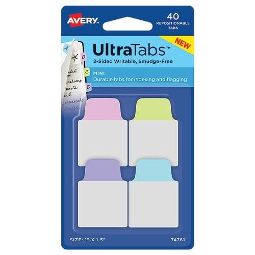 Avery UltraTabs 1" x 1-1/2" Pastel Colored Repositionable 2-Sided Writable Mini Tabs 40pk - 74761
