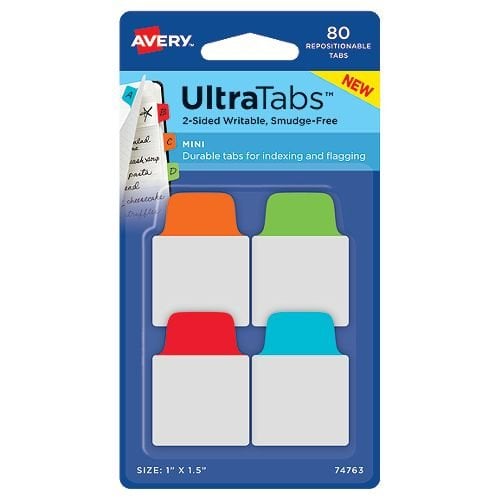 Avery UltraTabs 1" x 1-1/2" Primary Colored Repositionable 2-Sided Writable Mini Tabs 80pk - 74763  - Clearance Sale