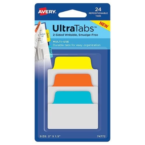 Avery UltraTabs 2" x 1-1/2" Colored Repositionable 2-Sided Writable Tabs (Blue/Orange/Yellow) 24pk - 74772