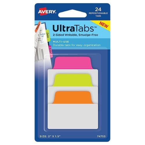 Avery UltraTabs 2" x 1-1/2" Neon Colored Repositionable 2-Sided Writable Tabs