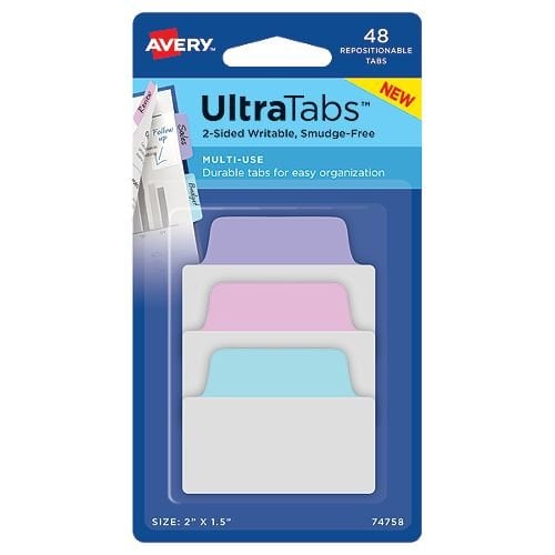 Avery UltraTabs 2" x 1-1/2" Pastel Colored Repositionable 2-Sided Writable Tabs