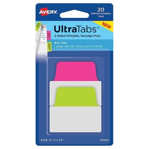 Avery UltraTabs 2" x 1-3/4" Neon Colored Repositionable 2-Sided Writable Big Tabs 20pk - 74764