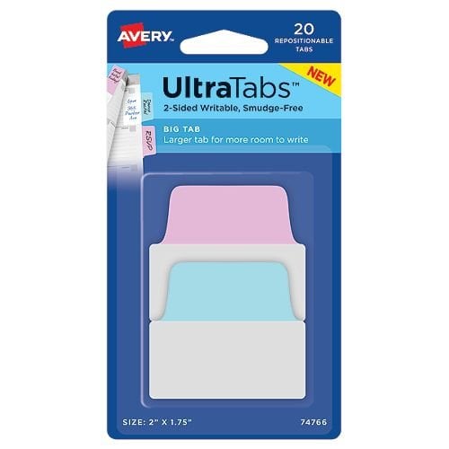 Avery UltraTabs 2" x 1-3/4" Pastel Colored Repositionable 2-Sided Writable Big Tabs 20pk - 74766