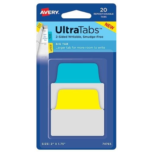 Avery UltraTabs 2" x 1-3/4" Primary Colored Repositionable 2-Sided Writable Big Tabs 20pk - 74765