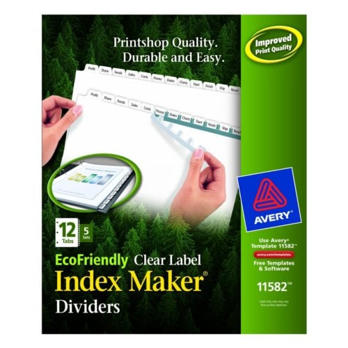 Avery White 12-Tab Index Maker EcoFriendly Clear Label Dividers 5 sets - 11582