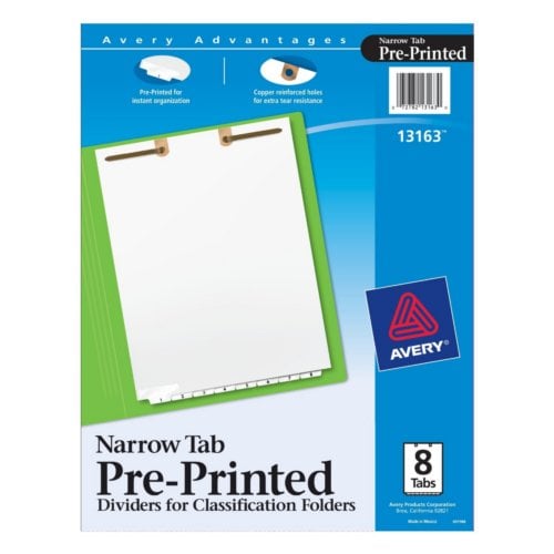 Avery White Narrow Bottom 1-8 Tab Pre-printed Dividers for Classification Folders 1 set - 13163