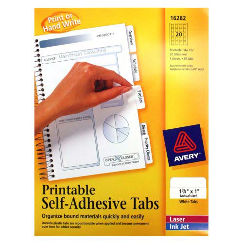 Avery White Printable Repositional Plastic Tabs 1pk 80pk - 16282