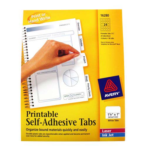 Avery White Printable Repositional Plastic Tabs (96/pk [Minimum Order Requirement: 26 Packs) - 16280 - Clearance Sale