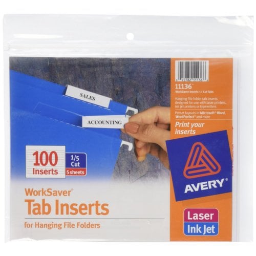Avery WorkSaver Printable White Tab Inserts for Hanging File Folders - 100pk