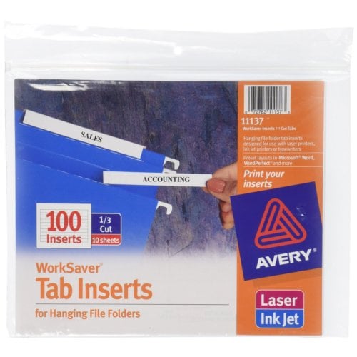 Avery WorkSaver Printable White Tab Inserts for Hanging File Folders - 100pk